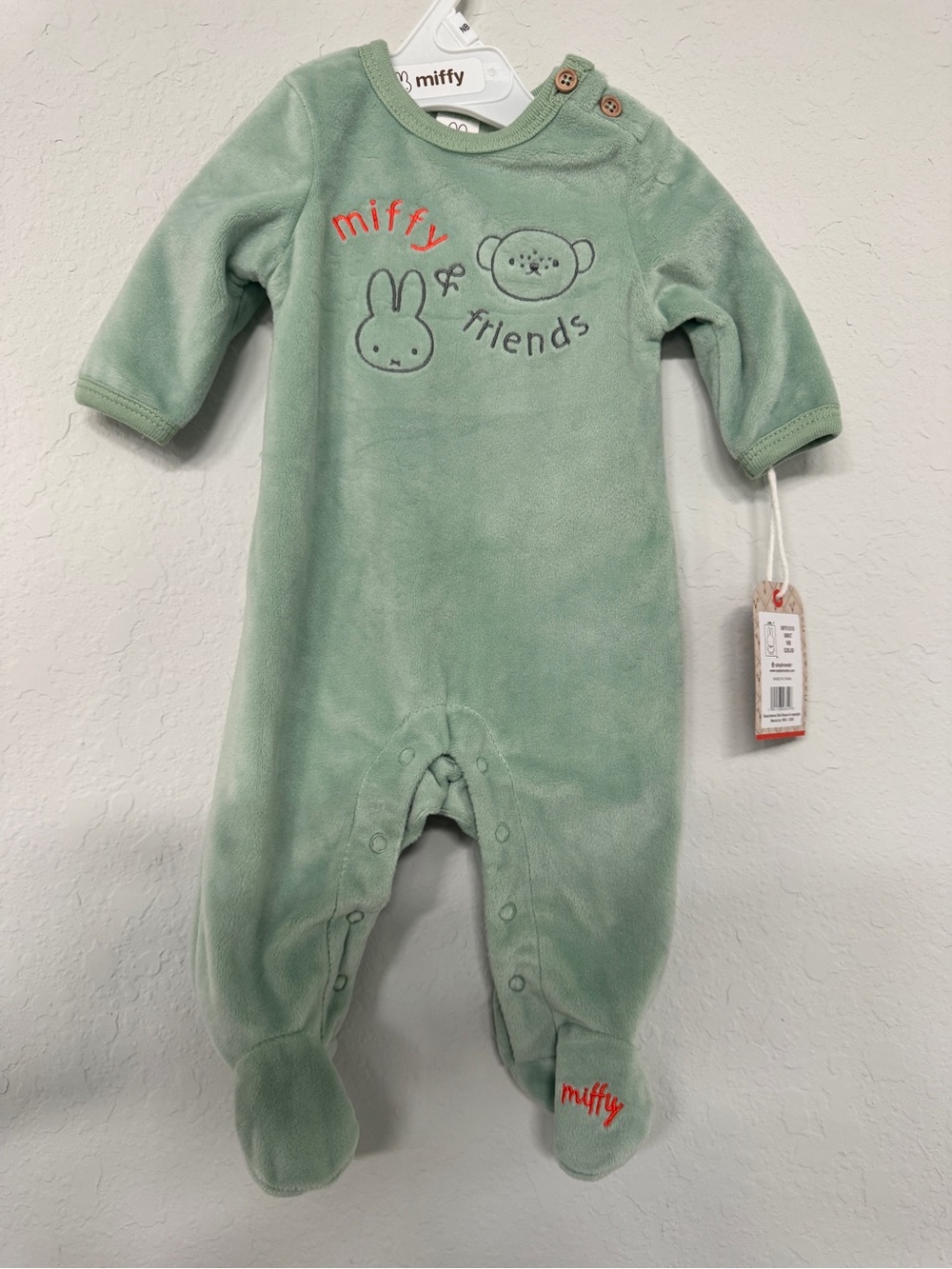 NWT Miffy and friends onesie in light green velour fabric sz NB